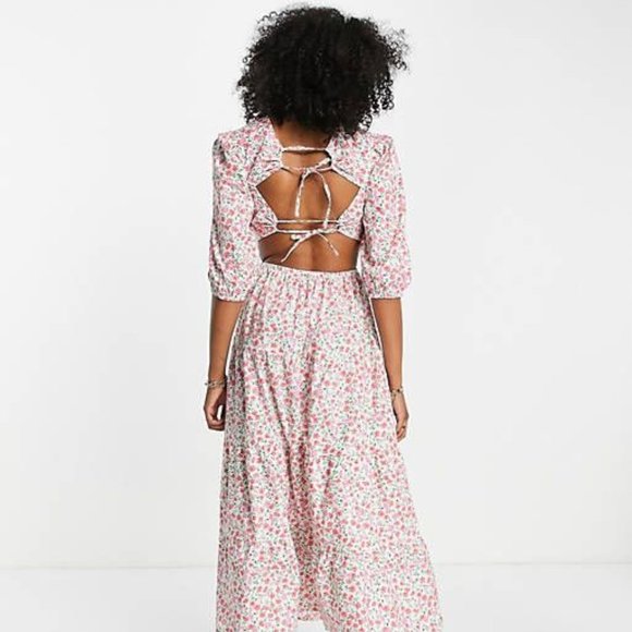 NWT Neon Rose tie back tiered maxi smock dress in pink ditsy floral - Picture 1 of 6